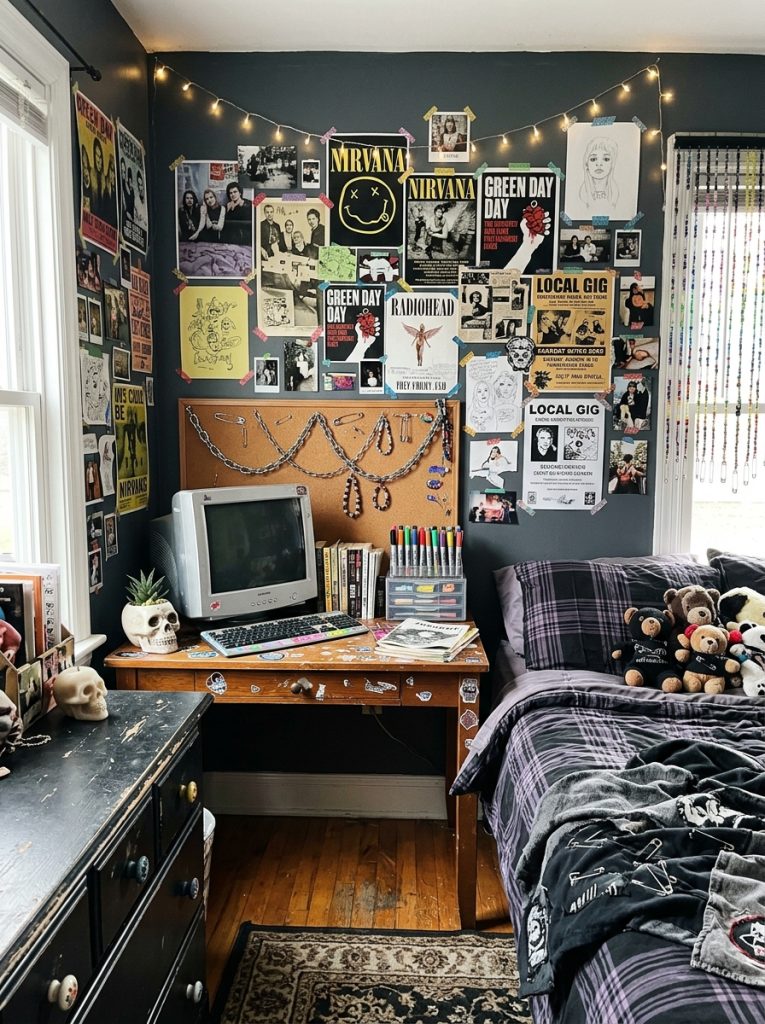 Beautiful grunge Y2K DIY room decor with band posters dark accents distressed elements chain details skull motifs and alternative elements