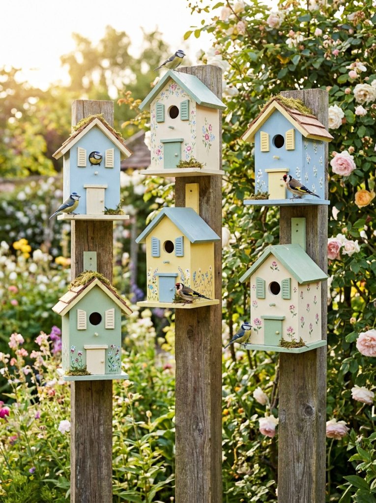 Charming handmade DIY birdhouses on posts painted in coordinating colors with birds visiting in sunny garden