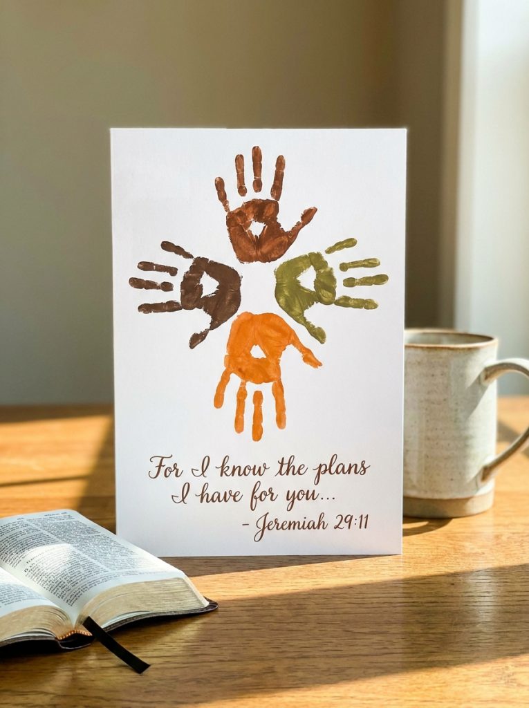 Sweet Christian fathers day handprint cross with warm colored handprints and bible verse below