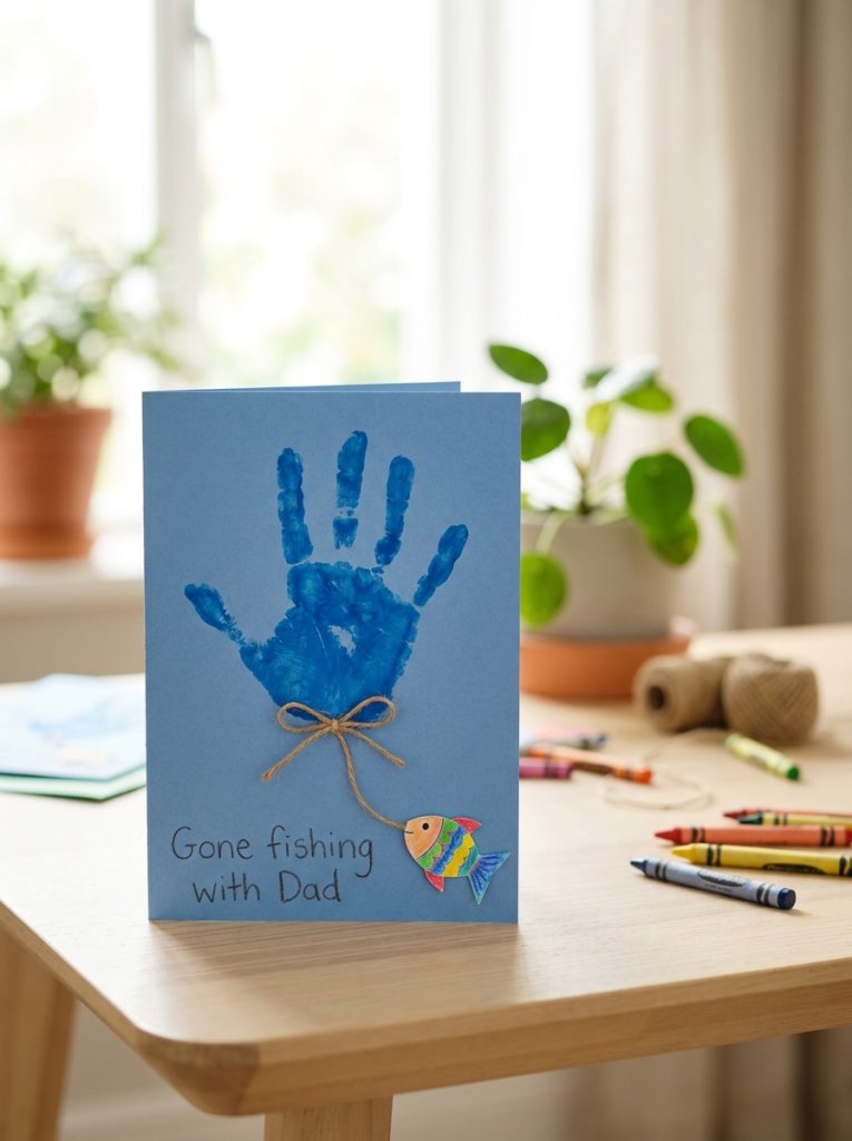 Cute handprint fishing rod fathers day craft with paper fish and gone fishing message
