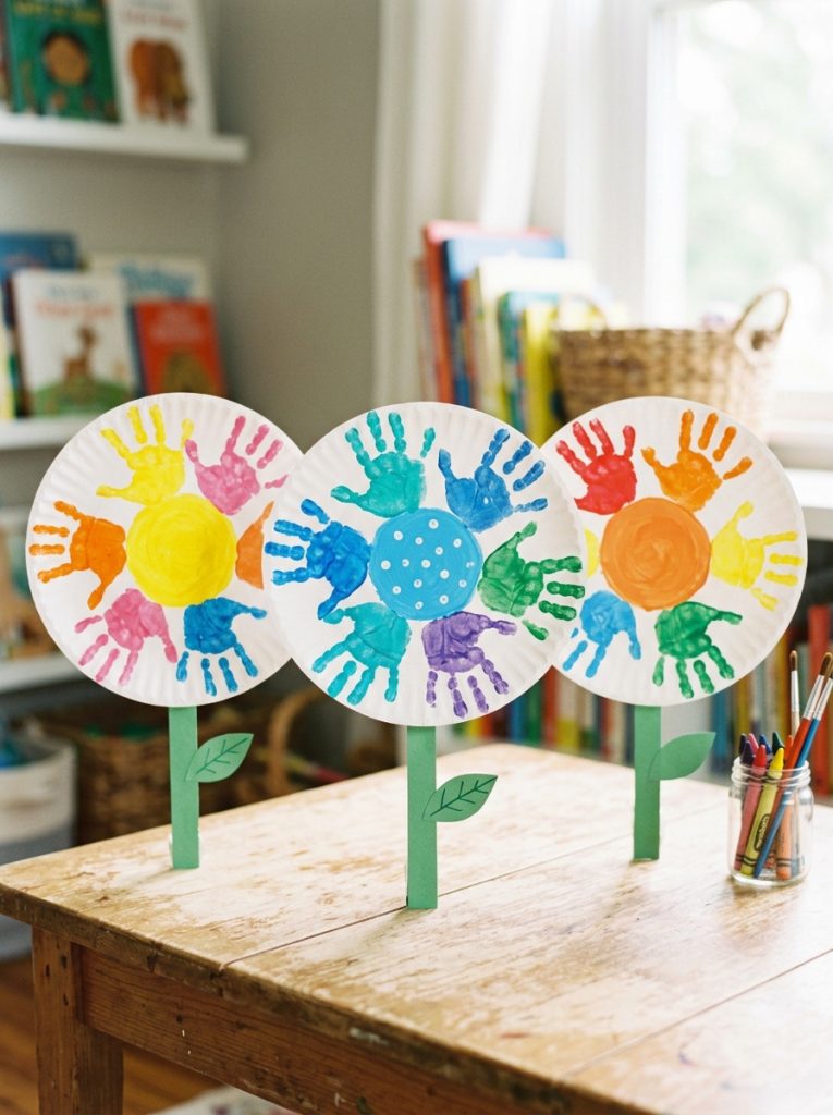 Adorable simple handprint paper plate flower crafts with handprints as colorful petals around plate edge and painted center