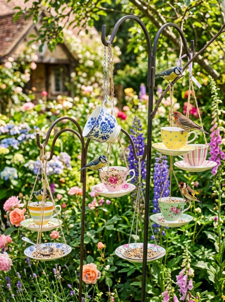  Beautiful hanging tea cup bird feeders on shepherd hooks and garden branches at different heights with birds visiting garden