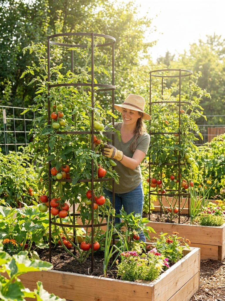 Heavy duty tomato cage trellis systems supporting large indeterminate tomato plants loaded with fruit in productive vegetable garden 