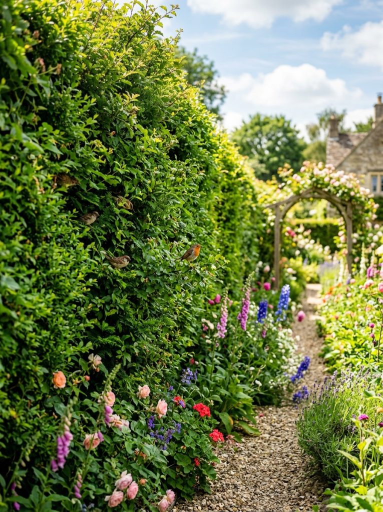 Beautiful natural living hedge as garden fence creating solid green boundary with birds visible in bright sunny garden
