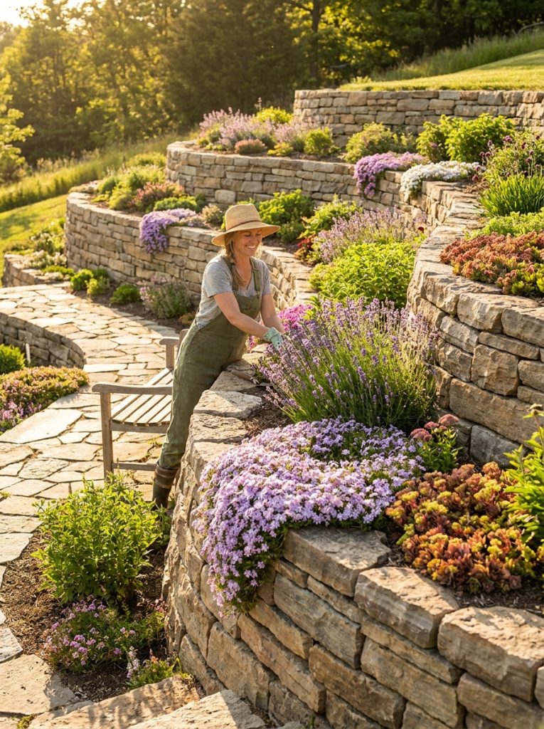 Dramatic hillside natural rock retaining wall system following hillside contour with cascading plants at each level