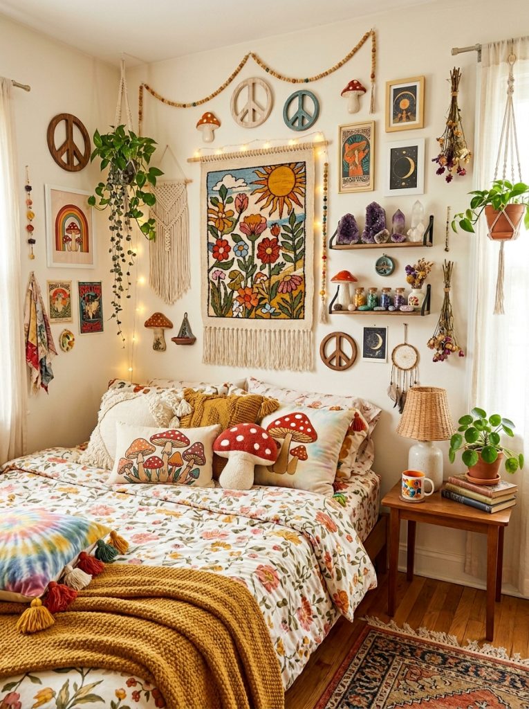 Beautiful hippie Y2K DIY room decor with macrame wall hangings colorful tapestries peace signs mushrooms rainbow crystals and boho elements