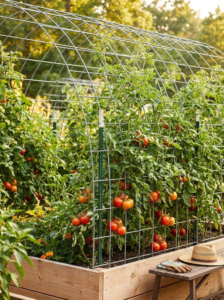Strong hog panel tomato trellis with heavy gauge wire panels providing maximum strength support for heavy producing tomato varieties 