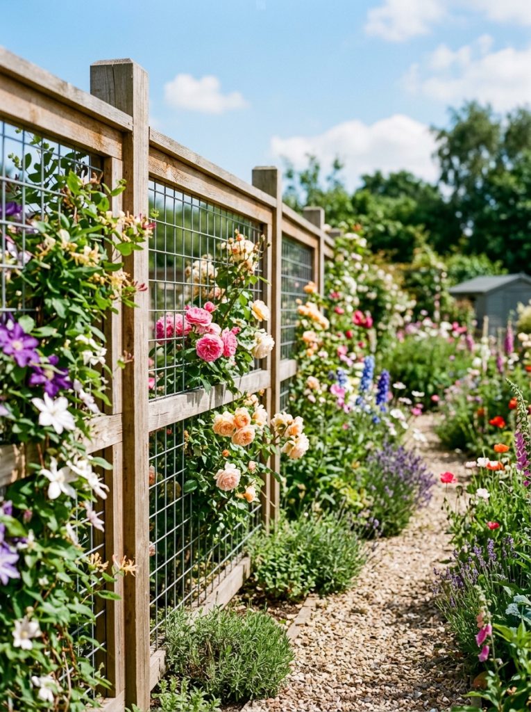 Beautiful hog wire fence with timber frame and climbing roses growing through wire mesh in sunny rustic garden