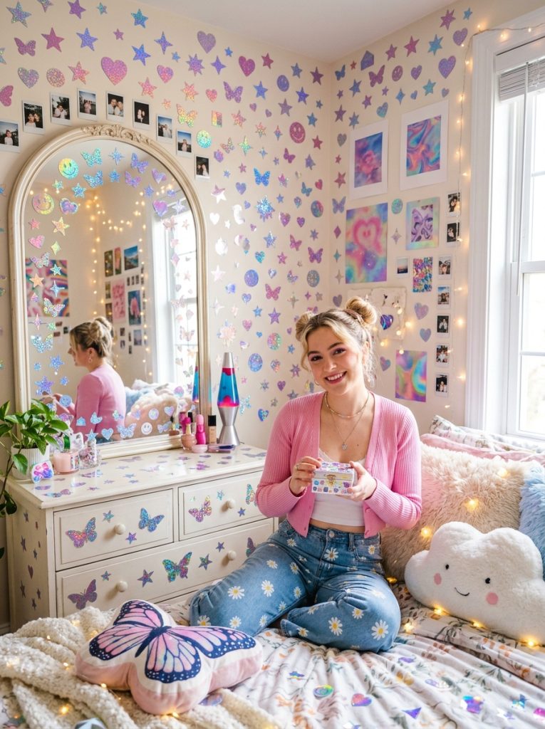 Beautiful holographic sticker Y2K room decor with star heart butterfly stickers on mirrors walls and furniture catching light