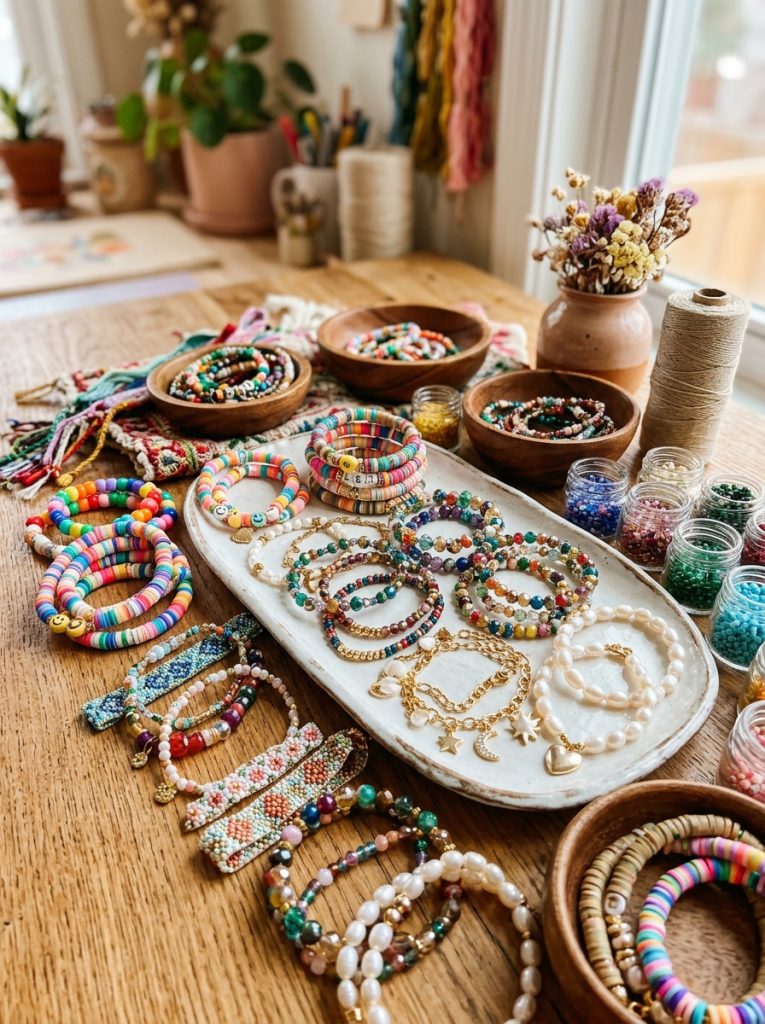 Complete homemade bracelet ideas collection with clay bead kandi glass bead seed bead charm gold pearl and aesthetic designs