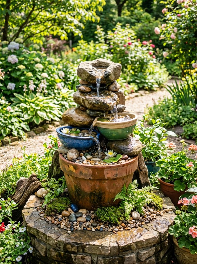 Beautiful homemade outdoor DIY water fountain from repurposed pots containers and natural stone with simple pump as garden feature
