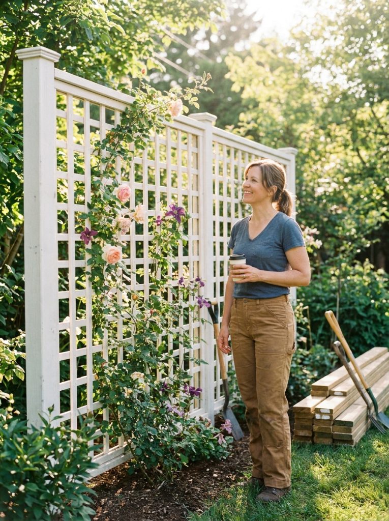  Beautiful completed DIY lattice privacy fence in sunny garden with homeowner admiring climbing plants growing through 