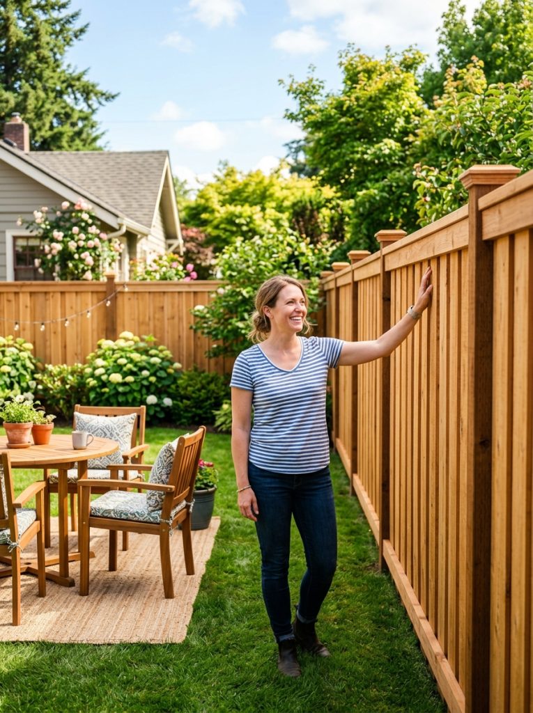 Homeowner proudly admiring completed DIY fence surrounding whole backyard with outdoor furniture placed in sunny garden