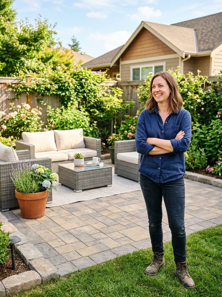 Homeowner proudly admiring completed DIY paver patio with outdoor furniture in bright sunny backyard