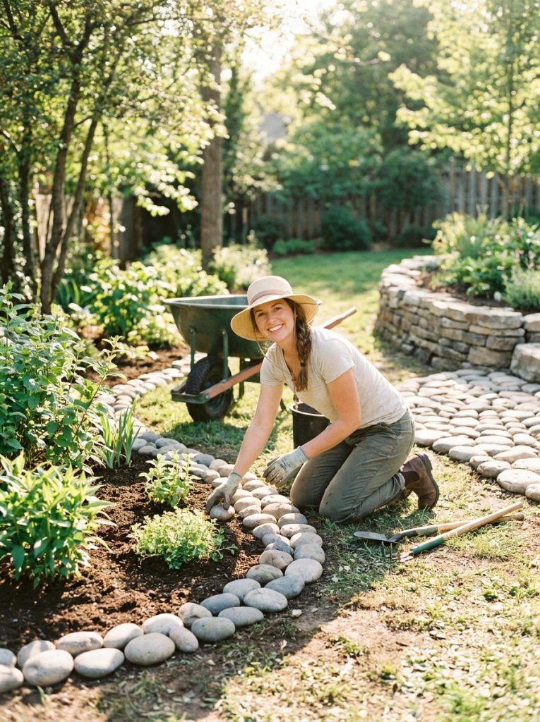  Simple DIY rock landscaping backyard project with homeowner arranging smooth rocks in garden bed in bright sunny garden 
