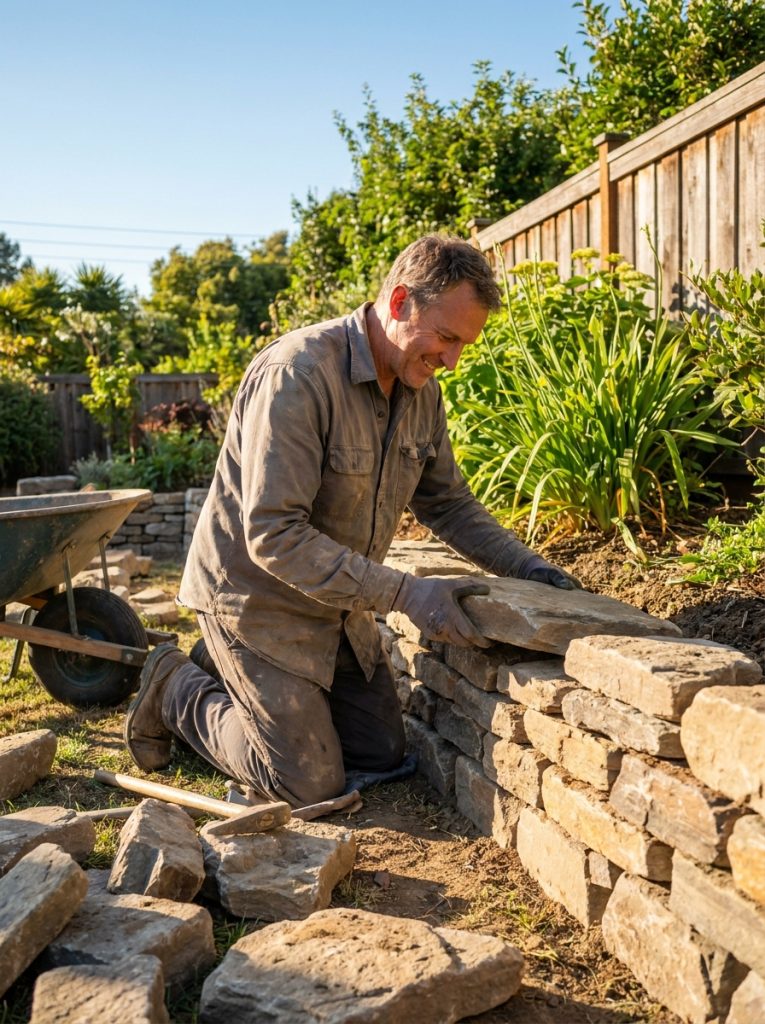 DIY natural rock retaining wall being built with flat stones in horizontal layers showing construction technique