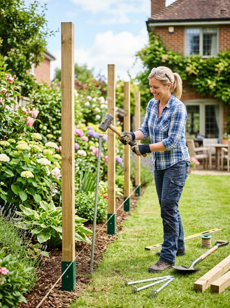 Easy DIY fence installation with homeowner installing fence posts with ground anchors along garden boundary in sunny backyard
