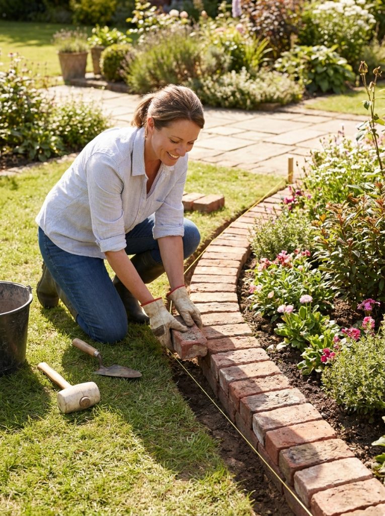 DIY brick landscape edging project in progress with homeowner laying bricks along string line guide in sunny garden 