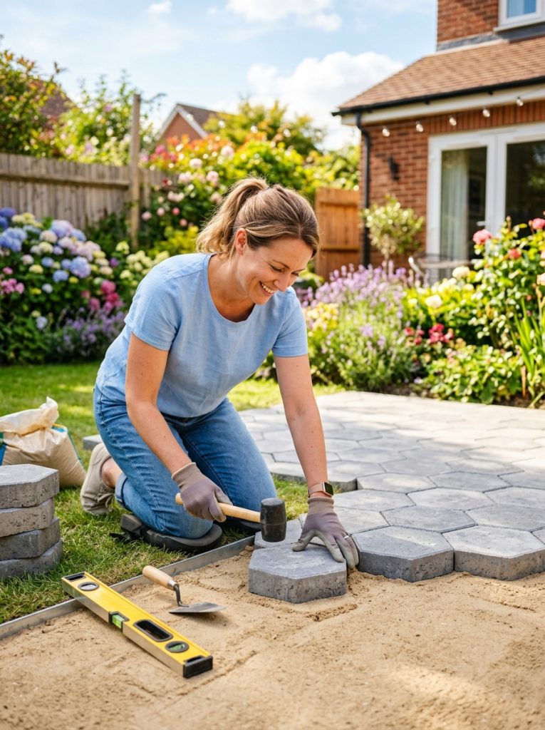 asy DIY paver patio in progress with homeowner placing pavers on sand base using simple tools in sunny backyard