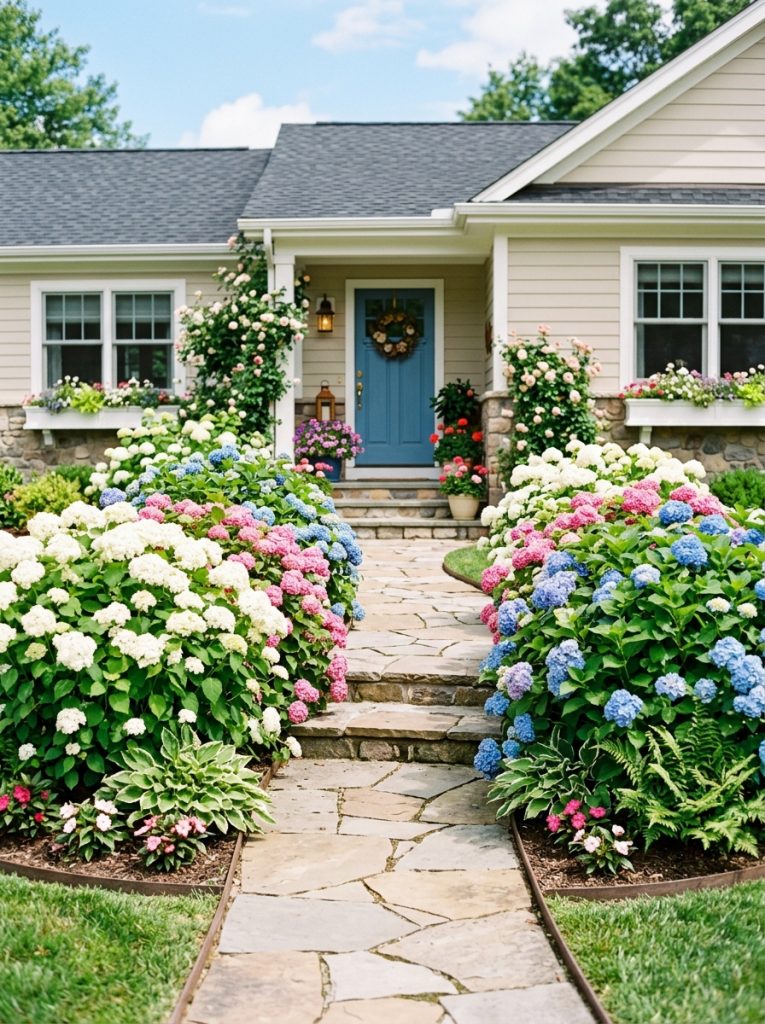 Stunning hydrangea front walkway landscaping with large lush hydrangeas in white pink and blue bloom flanking both sides of path