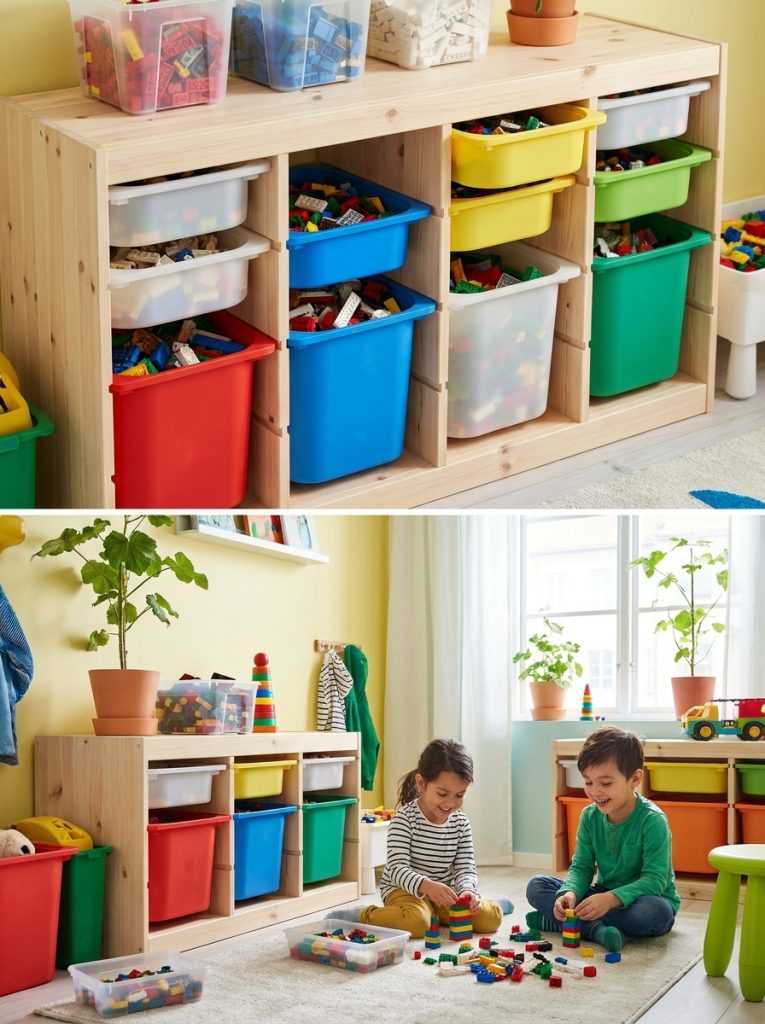 Ikea Trofast storage unit with colorful sorted lego bins in bright organized kids room