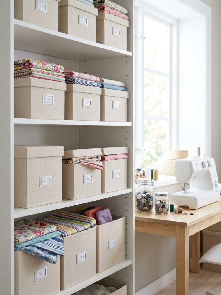  Ikea style fabric storage boxes on white shelves with fabric folded inside in bright organized sewing room