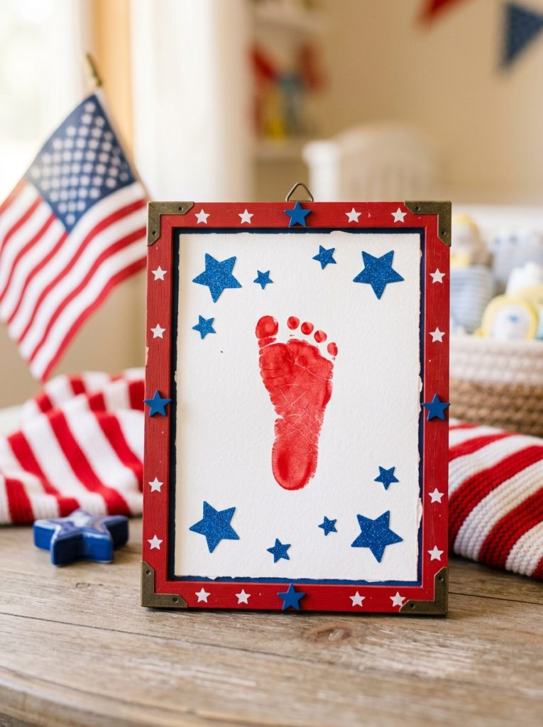Adorable infant 4th of July craft keepsake with tiny handprint in red paint blue star stickers and patriotic frame