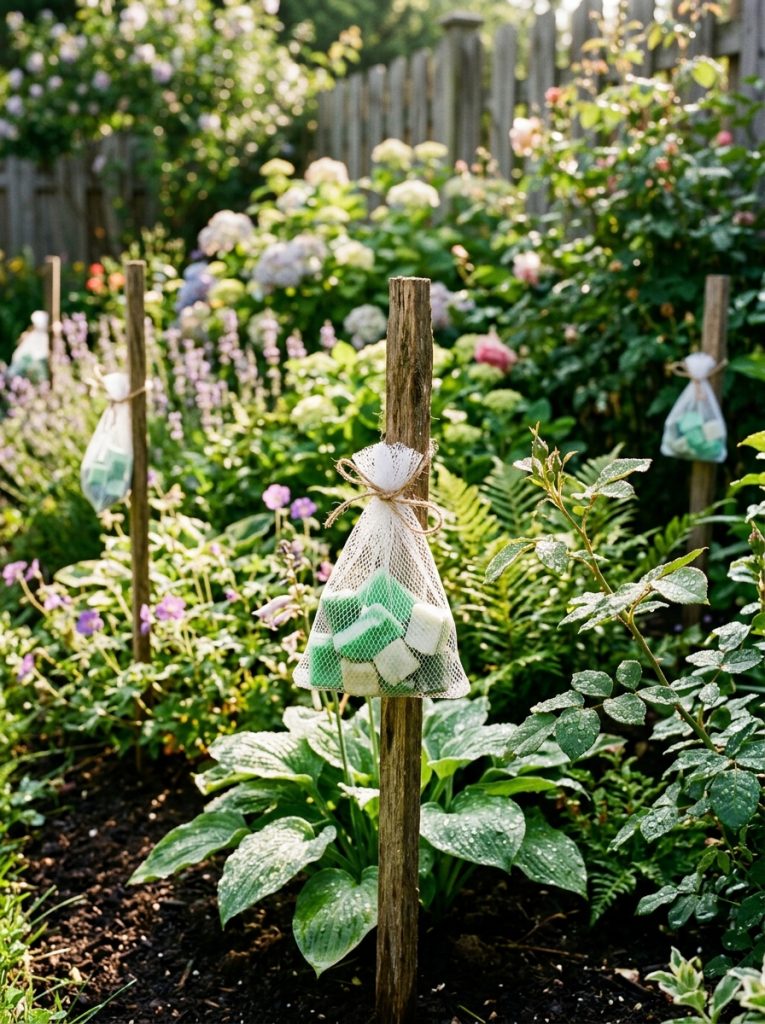 Irish Spring soap pieces in mesh bags hanging from garden stakes around backyard yard border