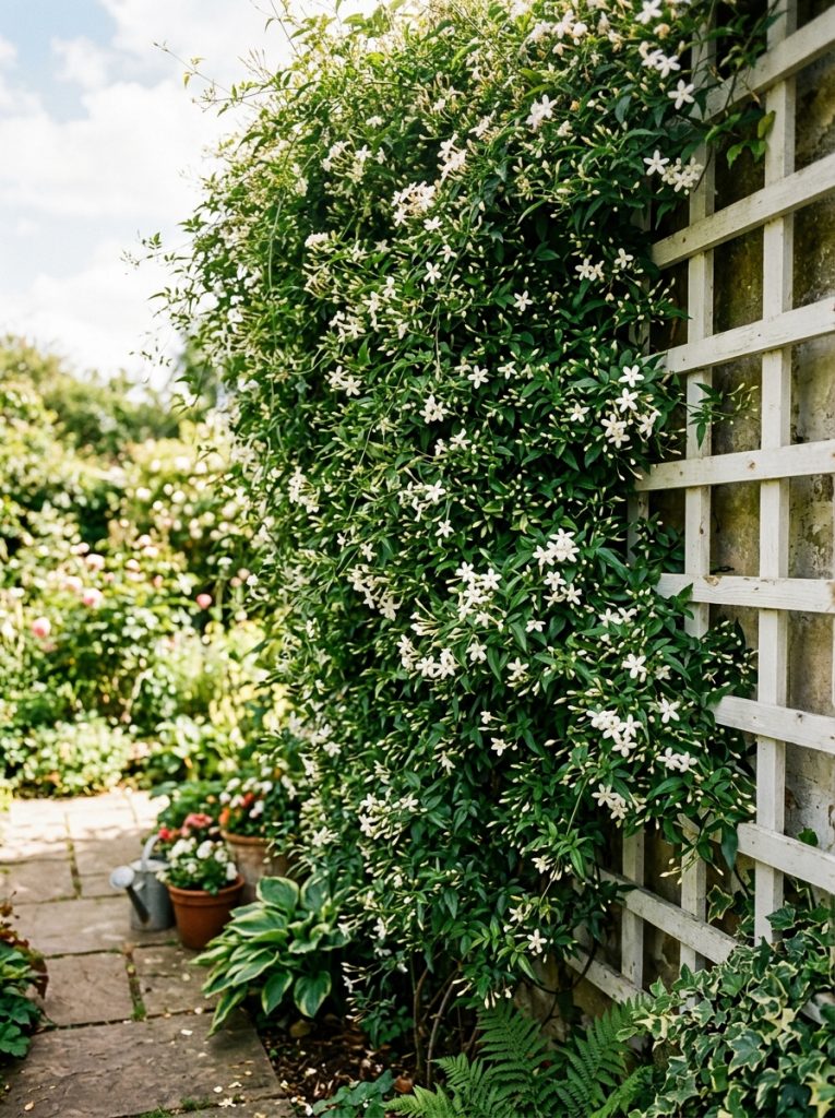 Lush climbing jasmine covering white wooden trellis creating natural garden shade