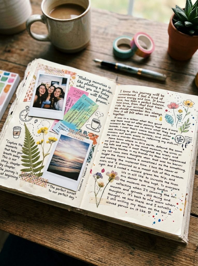 Beautiful journal scrapbook with handwritten entries photos ticket stubs drawings pressed flowers and creative art journaling elements 