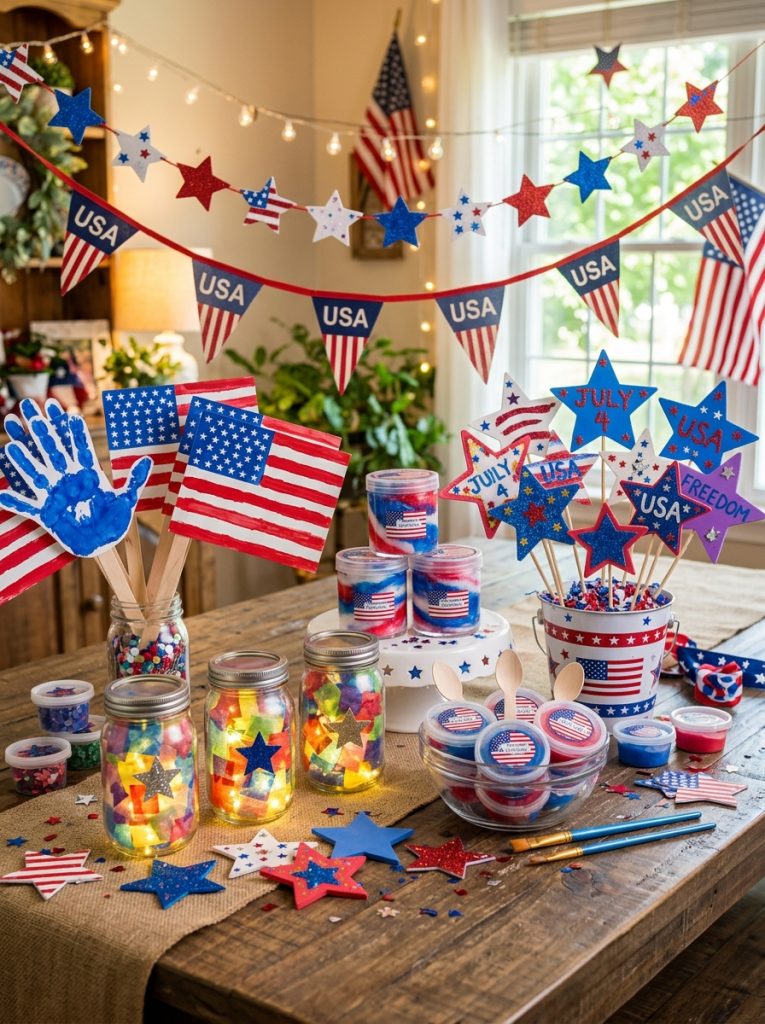 Complete July 4th craft day with handprint flags tissue paper firework jars patriotic slime foam stars and garlands displayed