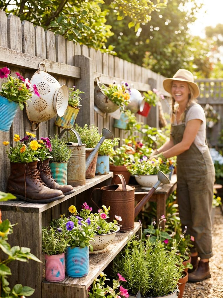 Creative junk garden with old boots watering cans and tin cans repurposed as quirky plant containers in sunny backyard