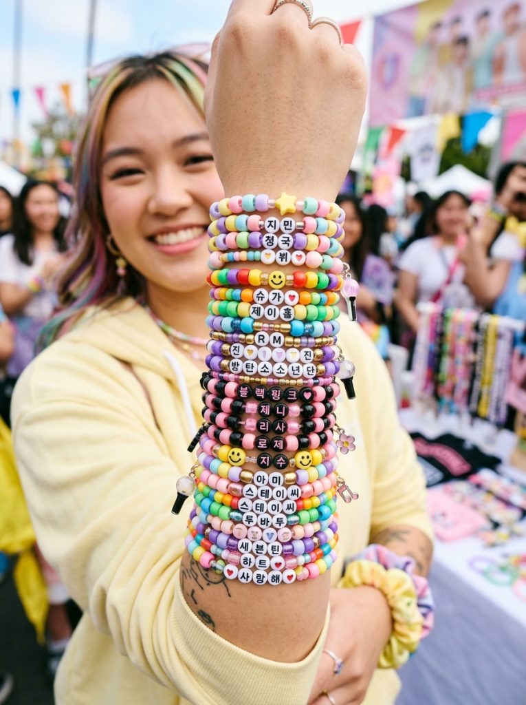 Colorful KPop-inspired bracelet ideas with Korean text character names and KPop color palettes in fan bracelet trading style