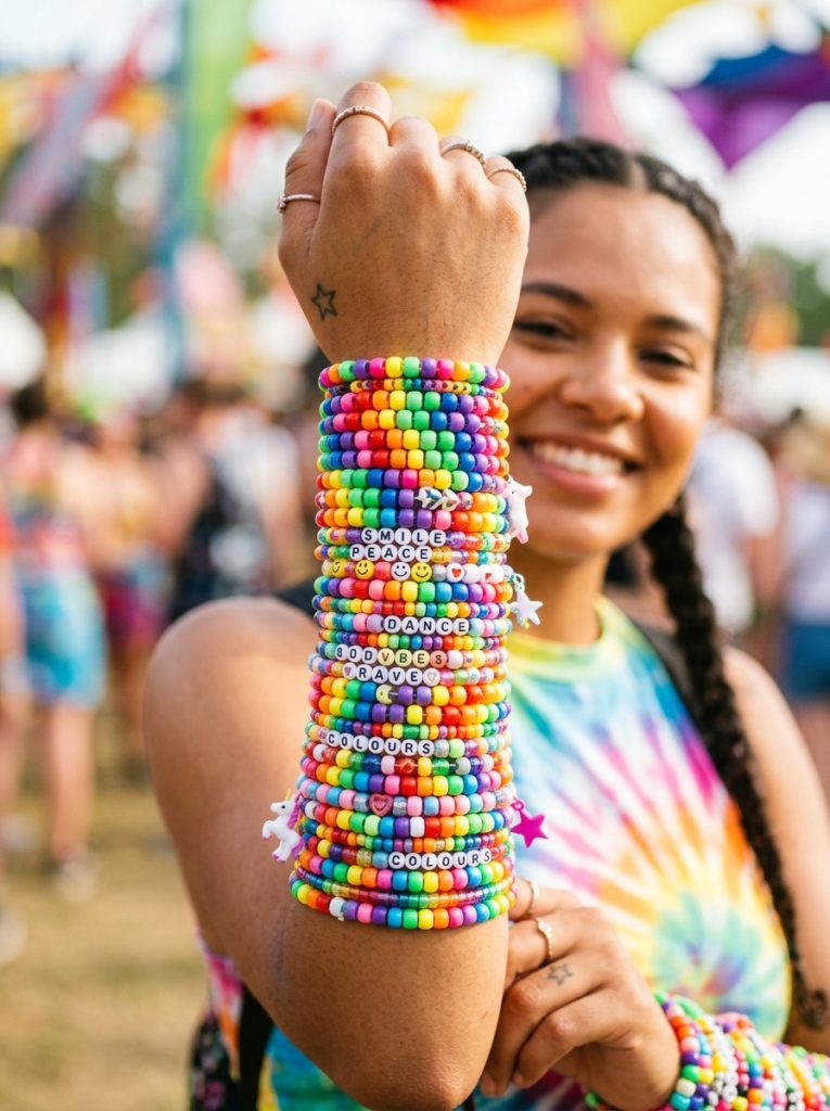 Bright colorful kandi bracelet ideas with rainbow pony bead bracelets stacked high on wrist in classic cheerful kandi