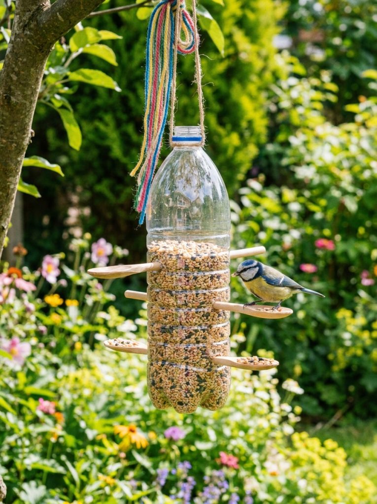  DIY plastic bottle bird feeder with wooden spoon perches hanging from garden tree with bird visiting