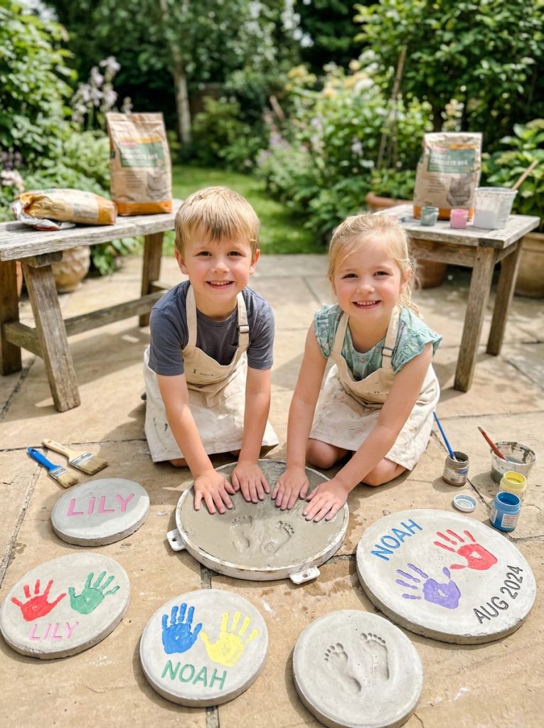 Adorable kids DIY stepping stone projects with children pressing handprints into fresh concrete alongside painted names dates footprints