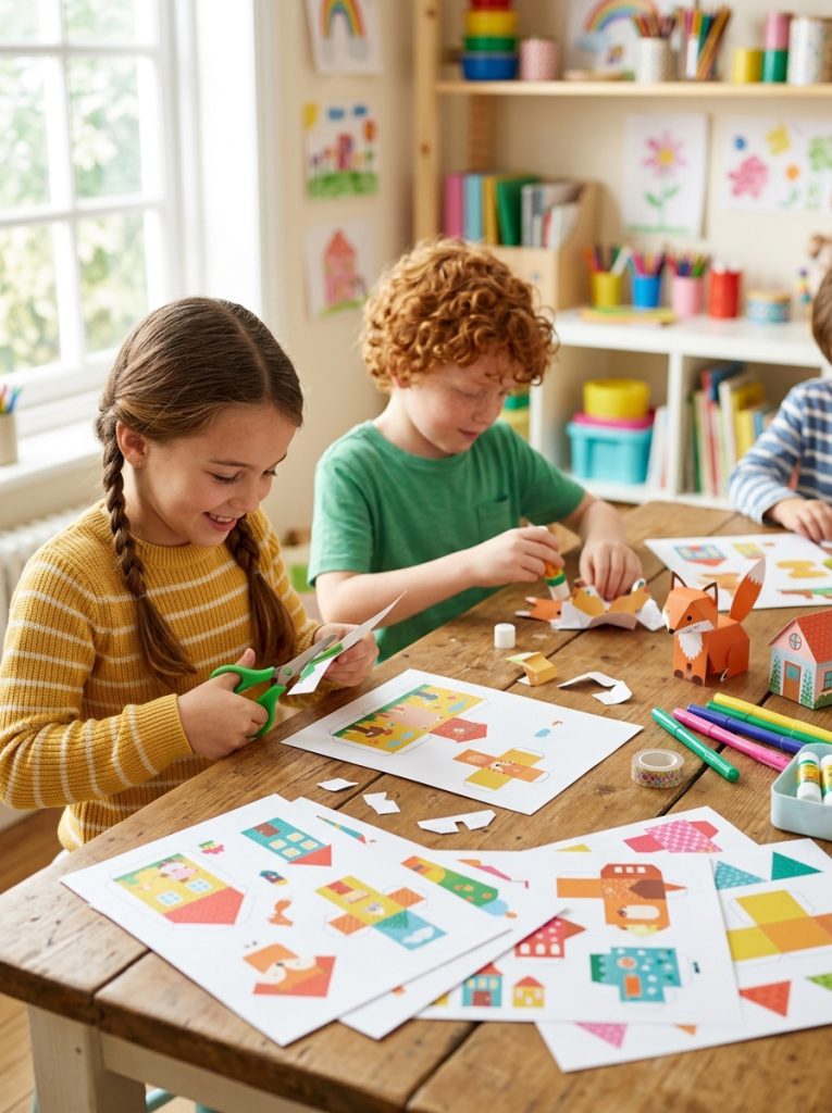 Kids assembling beautiful printable craft paper templates at craft table cutting folding printed sheets into colorful 3D creations 