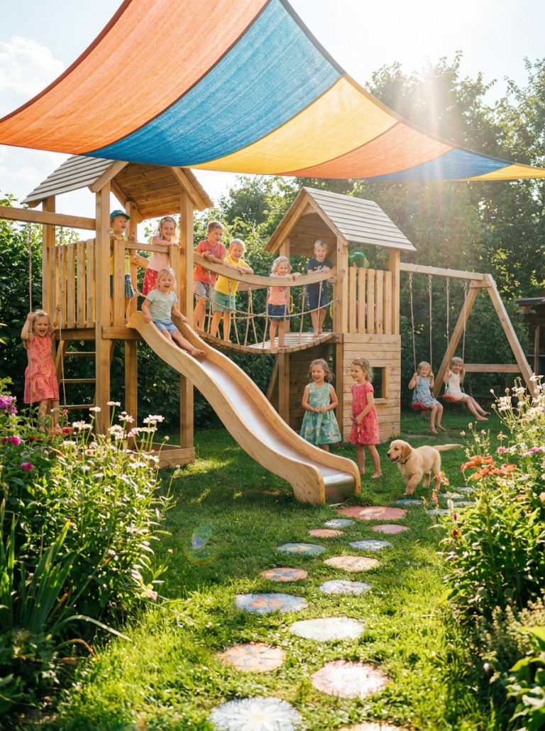 Beautiful backyard outdoor play area for kids with jungle gym and shade sail