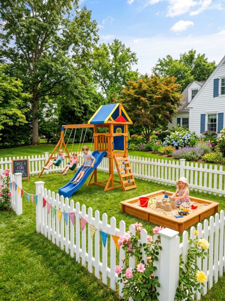 Fenced backyard kids play area with white picket fence and colorful playset inside