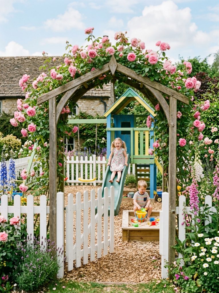 Enclosed kids backyard play area with rose-covered garden arch entry and white picket fence