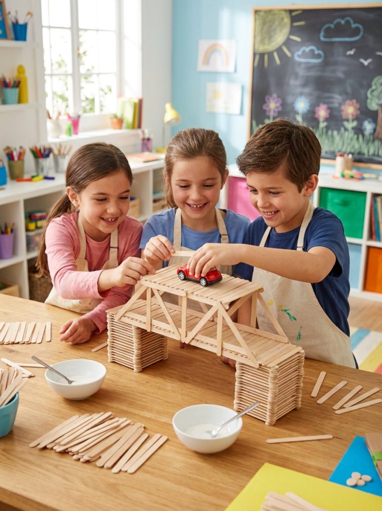 Kids building ice cream stick bridge craft structure with wooden sticks testing strength with toy cars in cheerful STEM activity