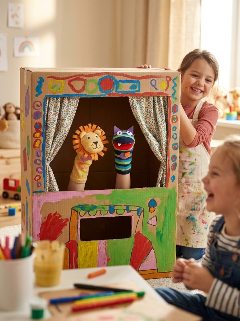 DIY cardboard box puppet theatre painted bright colors with stage window and sock puppets performing
