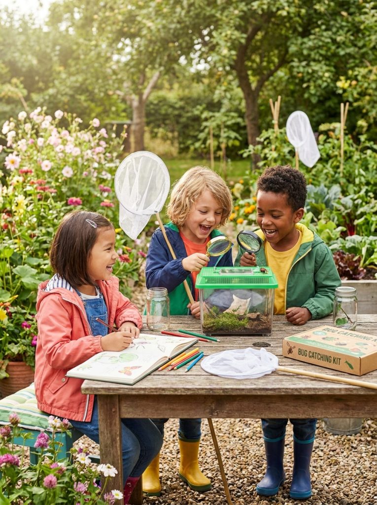 Kids doing garden bug catching and drawing insect craft with bug kit observing insects then drawing in nature journal outdoors