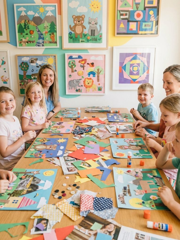 Fun colorful collage craft creations made by kids with paper magazine and fabric showing landscapes animals and abstract designs