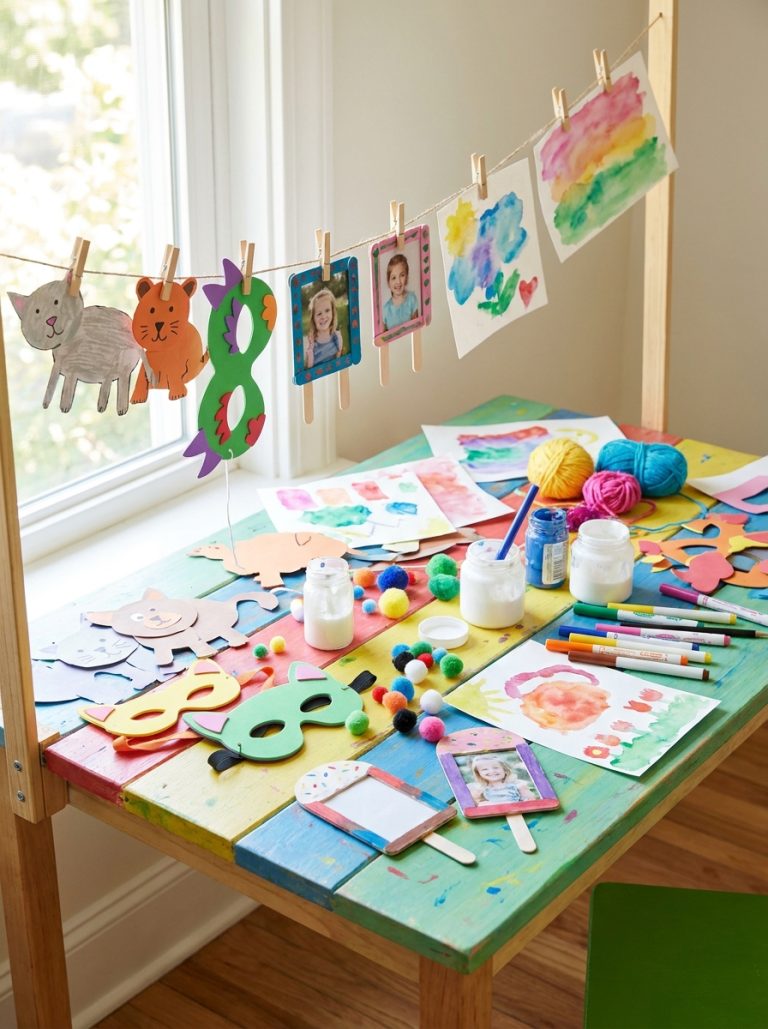 Colorful kids craft table with paper crafts foam creations ice cream stick projects and watercolor paintings in bright display