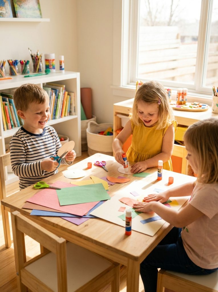 Kids doing simple glue and scissors craft with paper cutting and assembling pictures at bright cheerful craft table