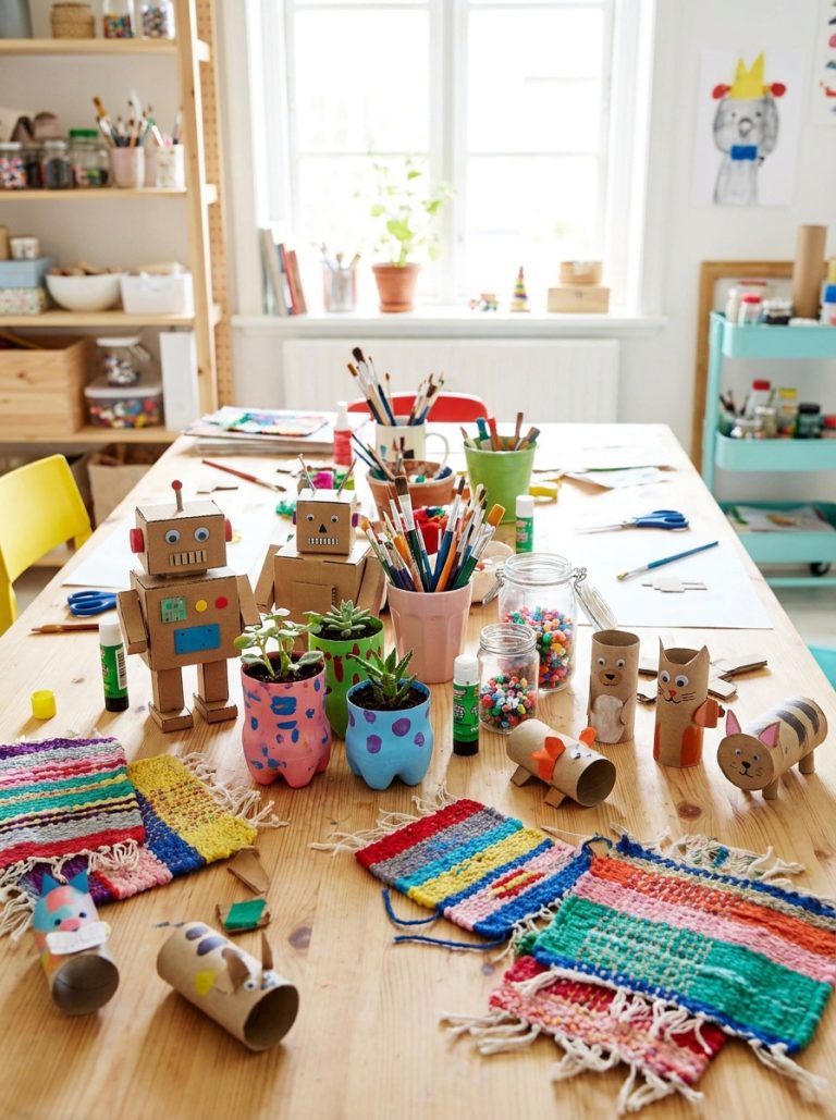 Bright craft table covered in completed recycled crafts kids projects cardboard and plastic bottle creations