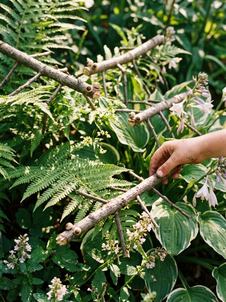 Creative walking stick insect crafts made from natural twigs and sticks with twig legs among real garden plants