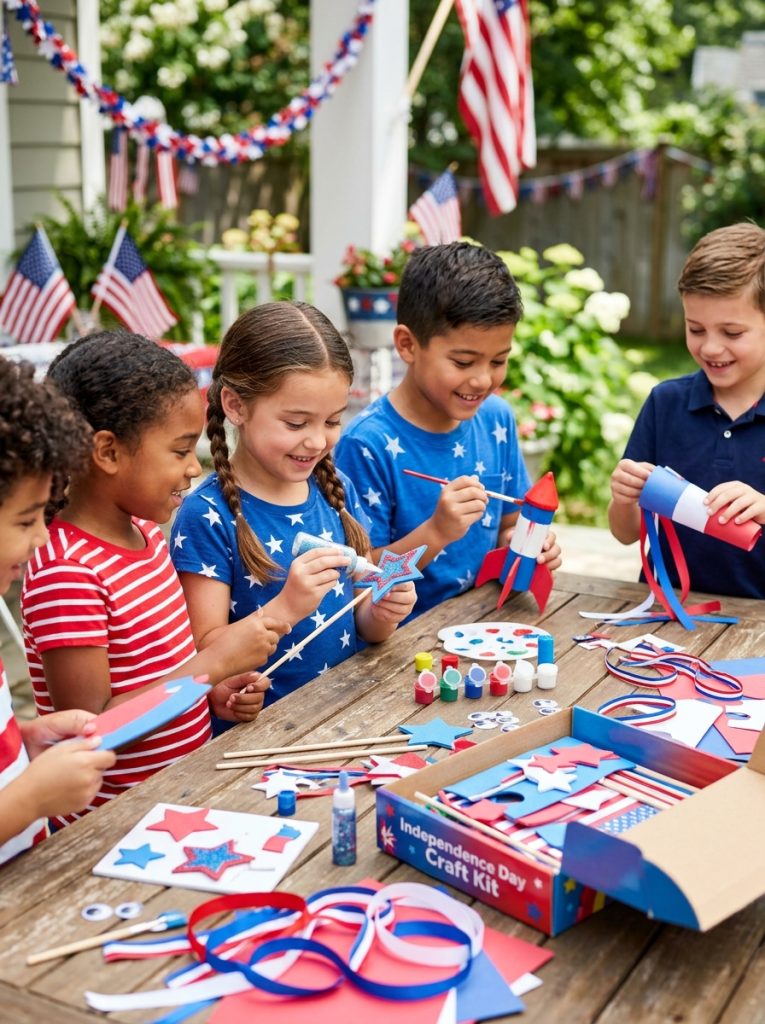 Kids using 4th of July craft kit creating multiple patriotic red white blue projects at cheerful festive craft table 