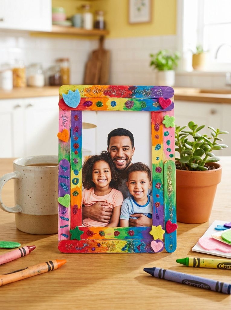 Colorful popsicle stick picture frame made by kids for fathers day with photo inside
